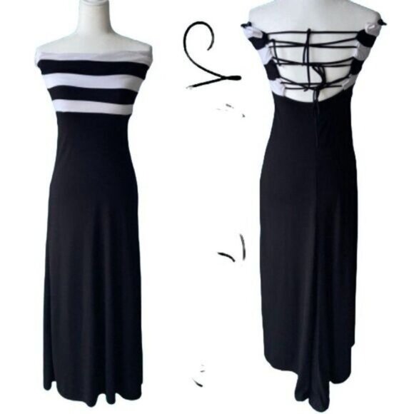Striped Tube Maxi Dress Cross Strap Back  Casual Off‎ Shoulder Long Dress - Picture 1 of 7